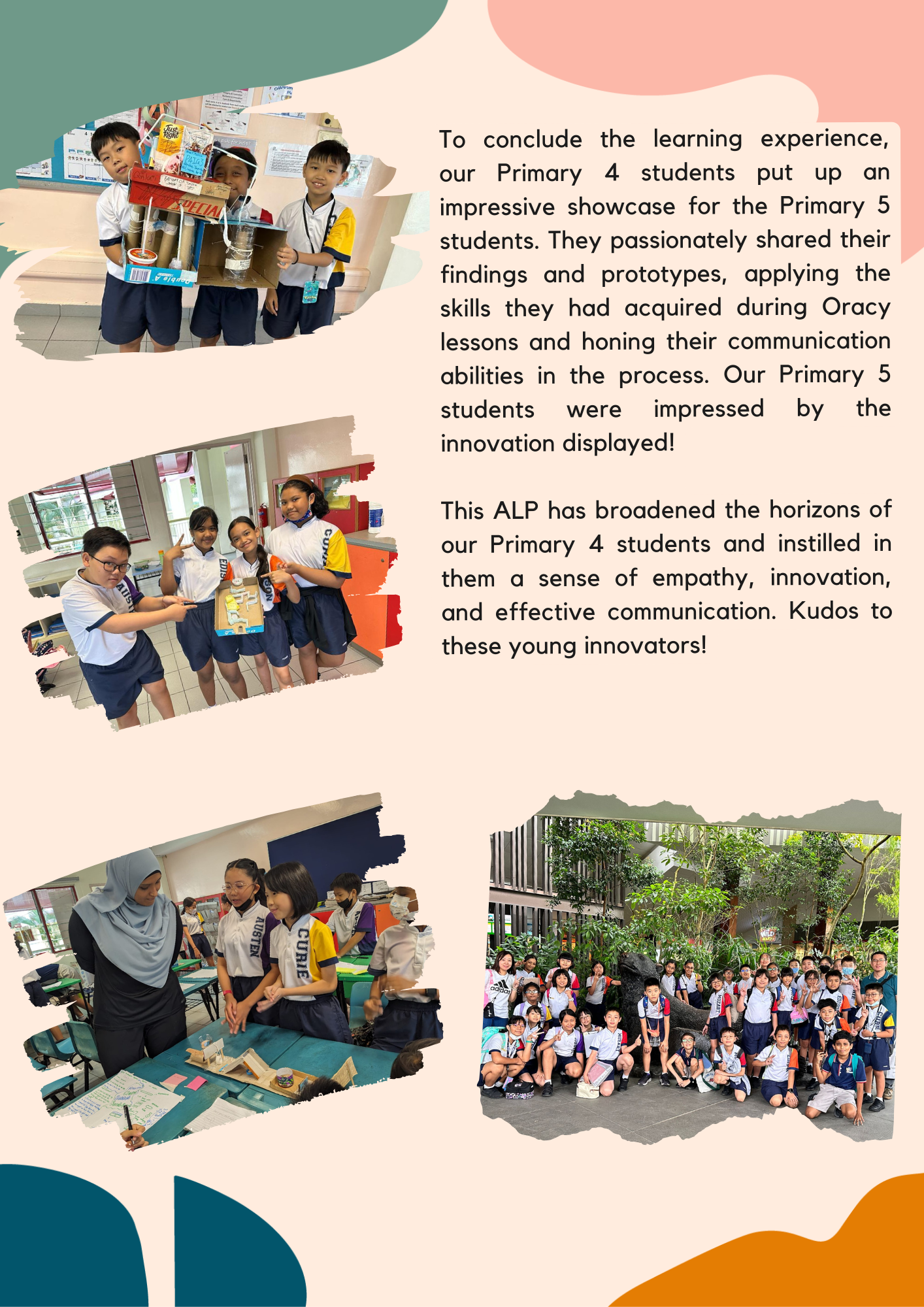 Collage of students presenting projects and posing in groups beside a long paragraph about a school showcase.